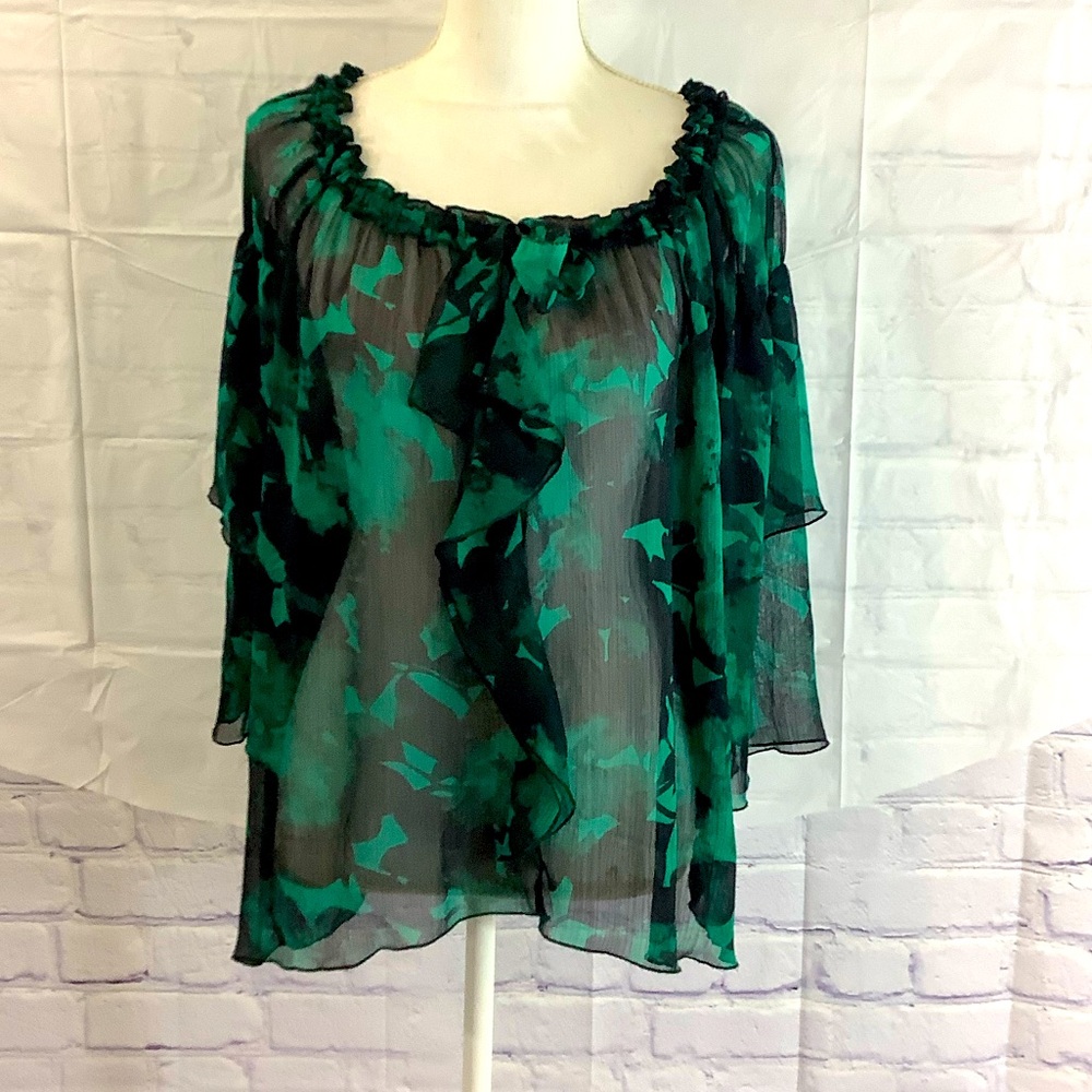 Apostrophe sheer green and black floral ruffled bell sleeve top XL